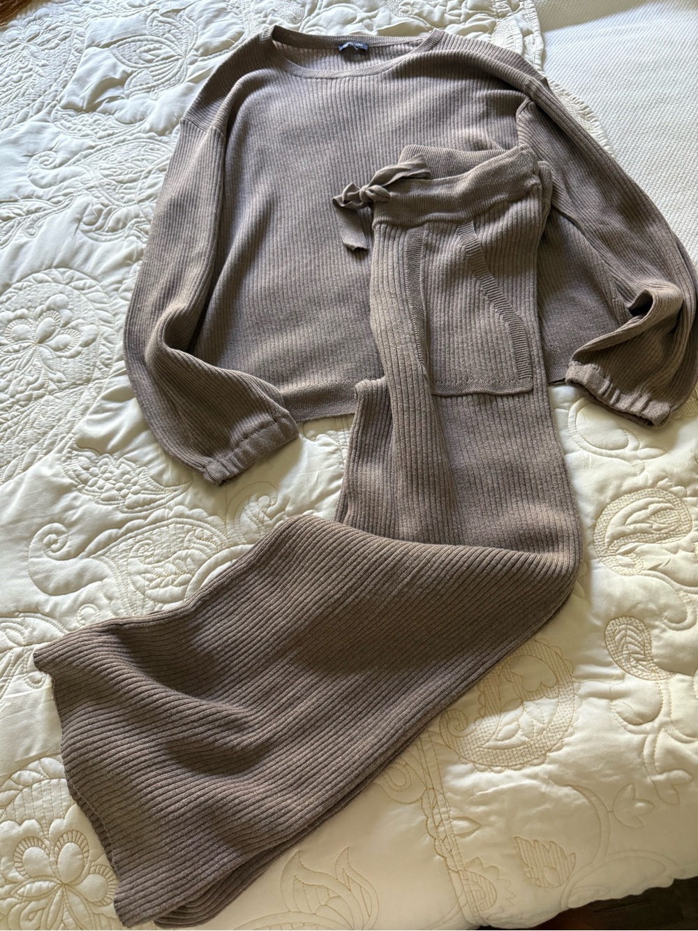 Splendid Ribbed Knit Sweater and Pants Set - Taupe